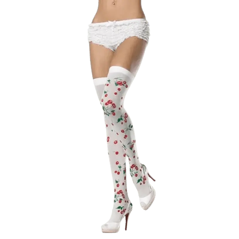 Calze bianche Leg Avenue con ciliegie ricamate