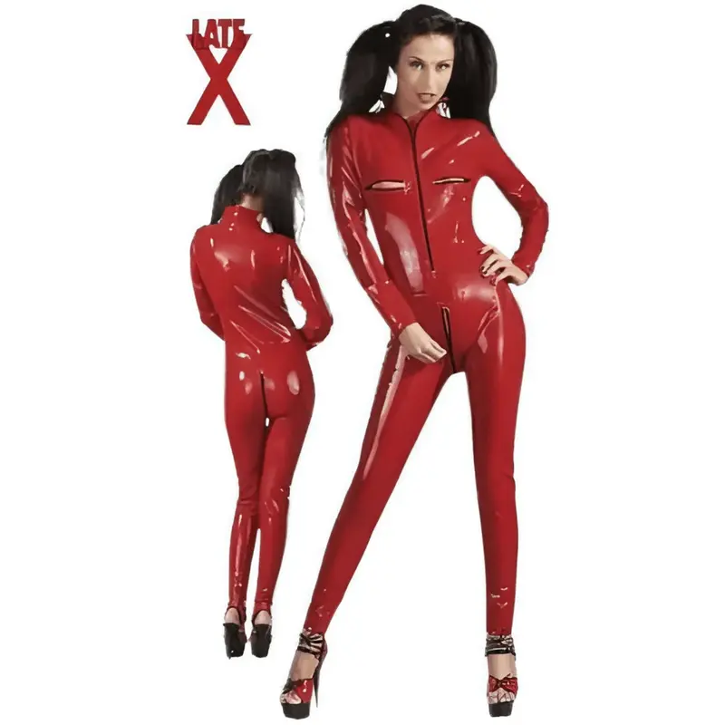 Catsuit rossa Late-X in latex con zip ai seni e all'inguine