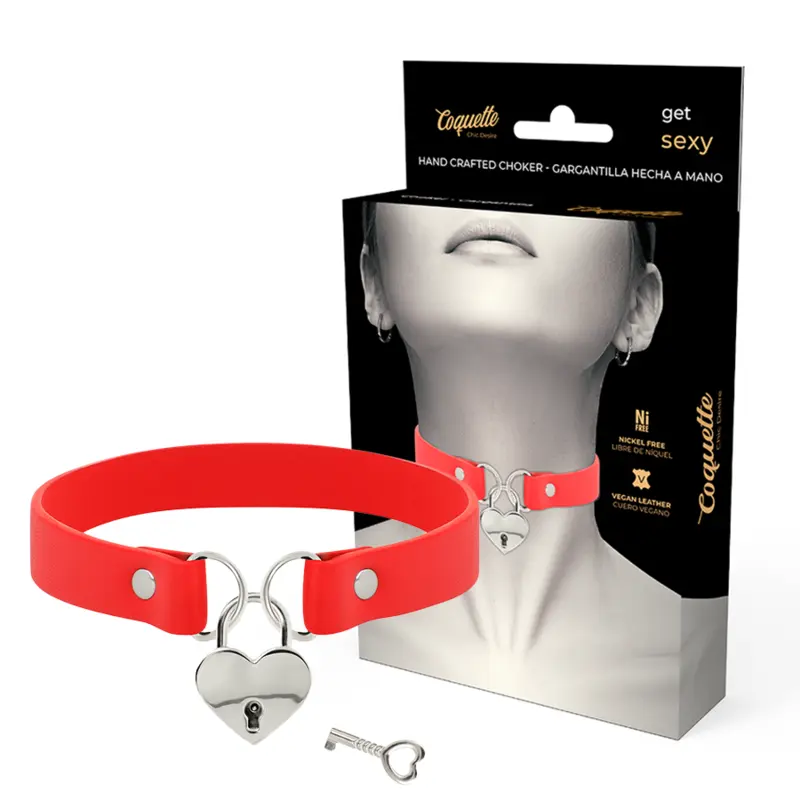 COQUETTE CHIC DESIRE COLLANA IN PELLE VEGANA ROSSA ACCESSORIO CUORE CON CHIAVE