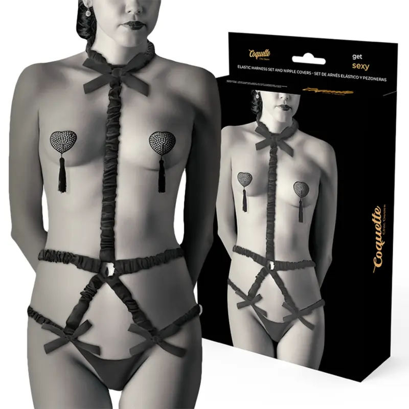 COQUETTE CHIC DESIRE SET IMBRACATURA ELASTICA E COPRI CAPEZZOLE NERO
