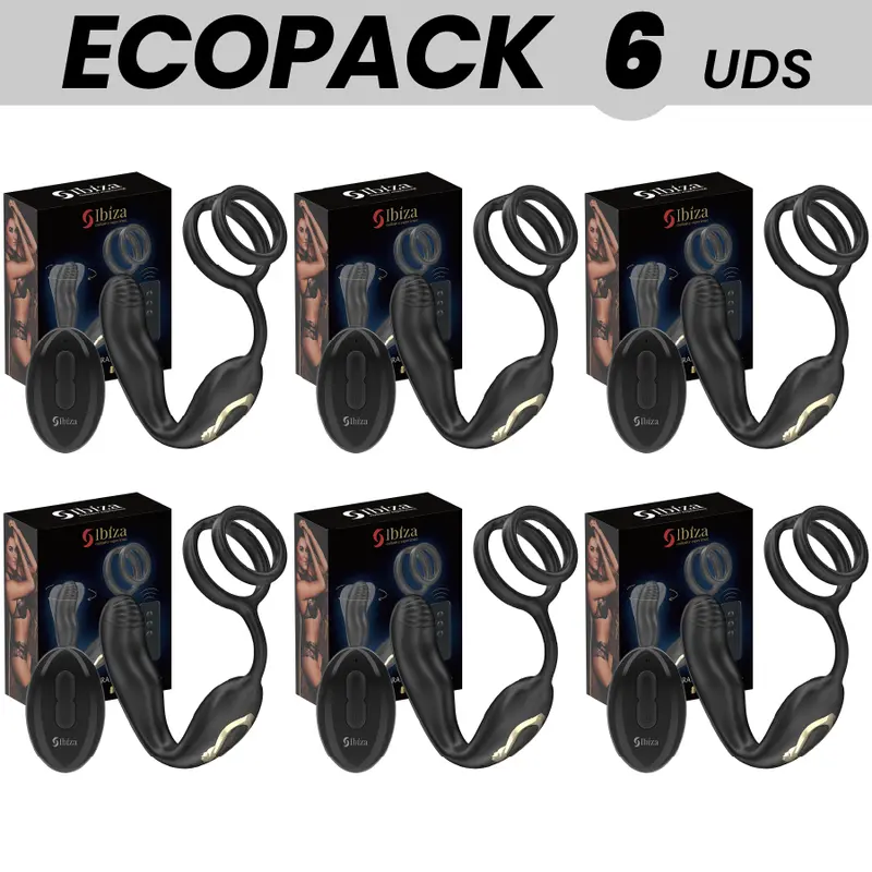 ECOPACKS 6 UNITÀ - IBIZA WIGGLE TAPPO ANALE ROTANTE TELECOMANDATO CON VIBRAZIONE PERINEALE E ANELLI PER L'ESTENSIONE DEL PENE