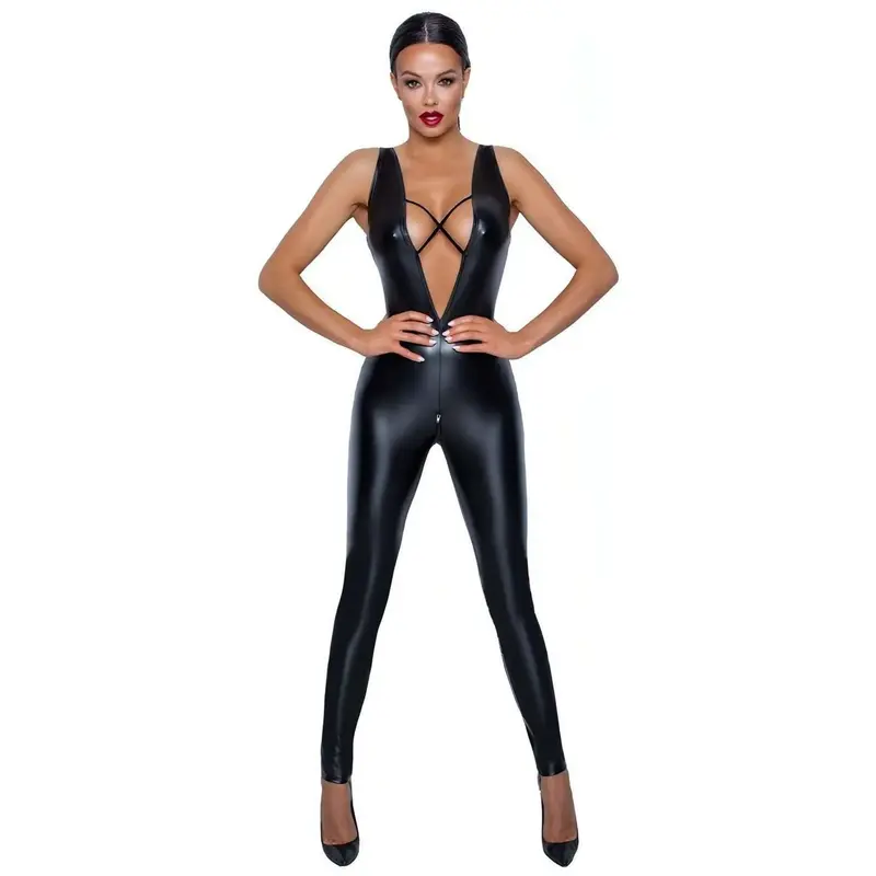 Jumpsuit aderente con cinturini di velluto incrociati - Nero Opaco, Taglia S