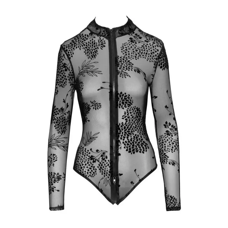NOIR HANDMADE SEE-THROUGH BODY WITH VELVET FLORAL EMBROIDERY + ZIPPER