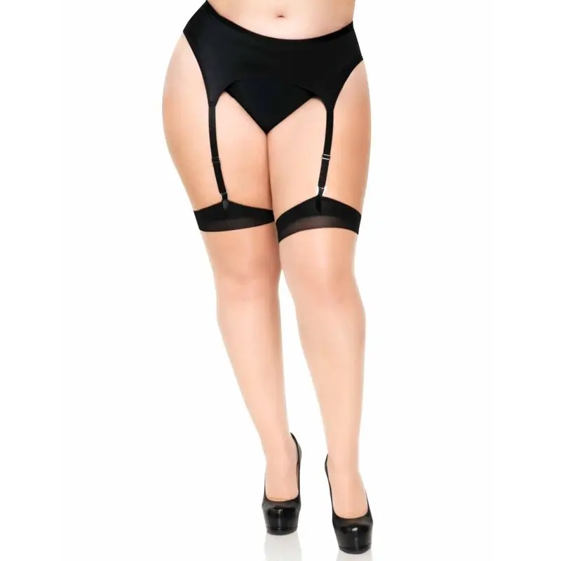 Sheer 2-tone thigh highs, Nude & Black, back seam & Cuban heel | Plus | LEG AVENUE